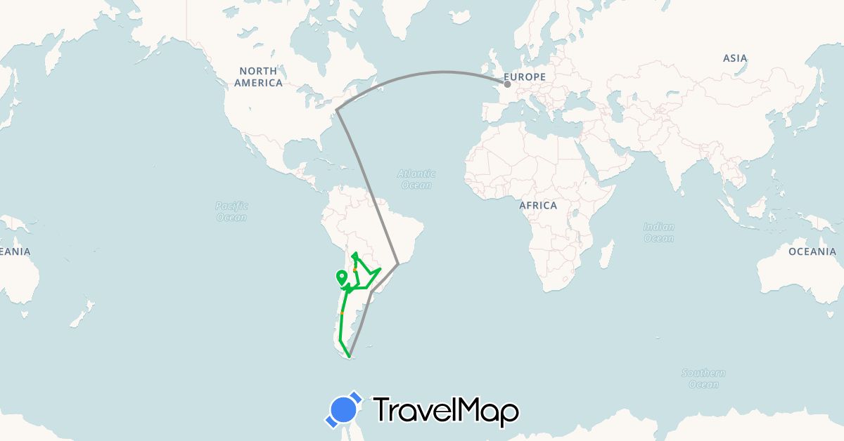 TravelMap itinerary: bus, plane, hitchhiking in Argentina, Bolivia, Brazil, Chile, France, United States (Europe, North America, South America)